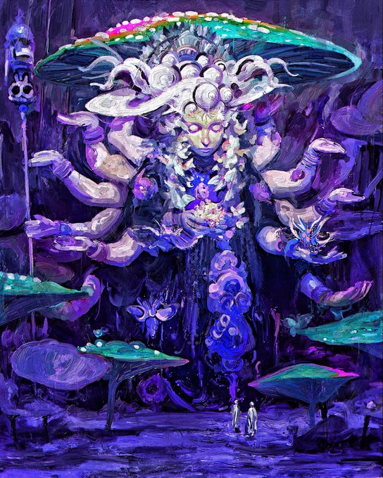 A surreal, dark fantasy painting dominated by purple hues, depicting a large, mushroom-like entity with multiple tentacle arms and glowing eyes, with two small white figures standing at its base.