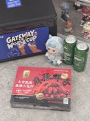 A collection of items on the floor including a Gateway World Cup box, a small figurine, two green cans, and a red box of spicy snacks (辣条).