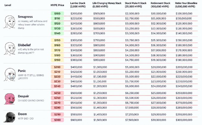 A humorous tiered pricing chart for $HYPE cryptocurrency, organized by emotional reaction levels (Smugness, Disbelief, Panic, Despair, Doom) ranging from $100 to $300, showing escalating stack sizes in HYPE from $200,000 at the bottom to $100,000,000 at the top across categories including Lambo Stack, Life Changing Money Stack, Stack Make It Stack, Retirement Stack, and Retire Your Bloodline — illustrating progressively larger sell-off aspirations as prices rise, fitting the post's joke about reaching $1000 in the future.