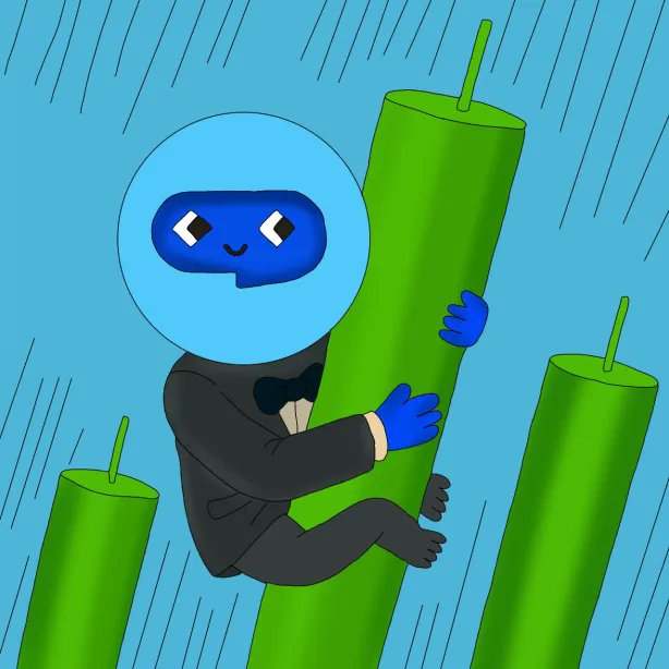A cartoon blue chat-bubble character in a tuxedo and scuba-like helmet hugs a green candle, mirroring the "Green candles only" mantra and bullish crypto optimism of the GM post. The bullish art complements the celebratory weekend vibe and community engagement with @DlicomApp.