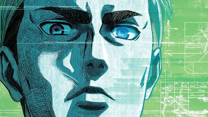 A stylized, comic-book-style illustration of a stern man with glowing blue eyes and blonde hair, rendered in cyan and green tones with digital interface overlays. The image visually evokes "Titan" as a powerful, imposing figure—likely referencing a superhero, AI, or iconic character—setting an air of mystery and strength that matches the post's question about what the name conjures.