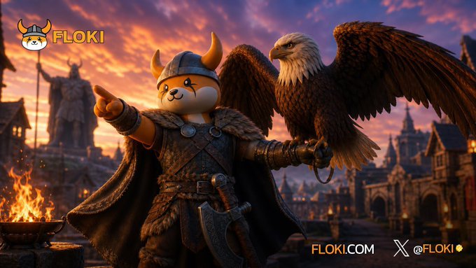 Promotional graphic for FLOKI featuring a cartoon viking dog character with an eagle, set against a sunset backdrop with castles; includes FLOKI.COM and @FLOKI branding.