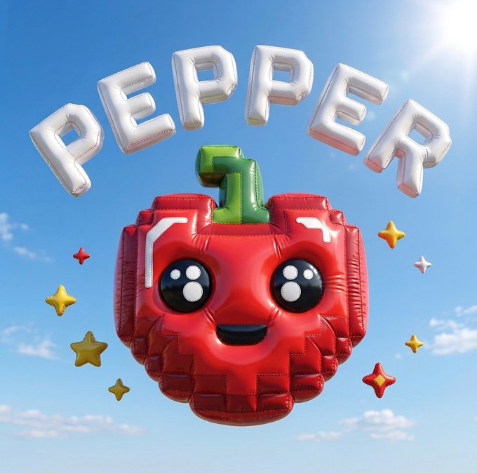 3D-rendered image of a cute red apple-like character with a smiling face and green stem, floating against a blue sky with stars beneath the word 'PEPPER'.
