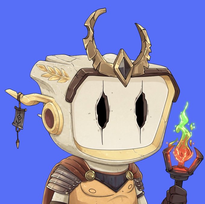 An illustrated robot character with a screen-like face showing black hollow eyes, wearing golden antler-like horns and armor, holding a small torch with green and red flames.