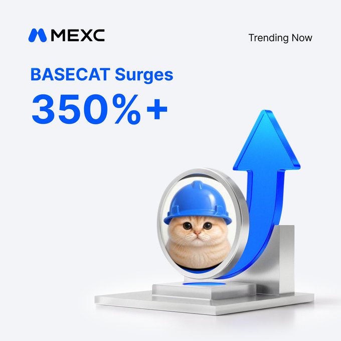 A promotional MEXC graphic featuring "Trending Now" text and a 3D illustration of an orange cat wearing a blue hardhat beside a large upward blue arrow, highlighting BASECAT's 350%+ surge.