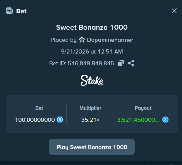 A Stake betting slip screenshot showing user "DopamineFarmer" winning $3,521.45 from a $100 bet on Sweet Bonanza 1000 with a 35.21x multiplier on 9/21/2026, supporting the post's claim of a $3.5k casino win from a $100 buy-in to celebrate with a giveaway.