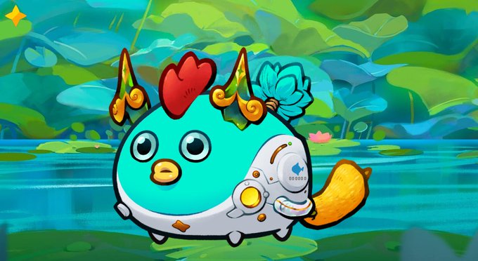 The image features a cartoon fish with a red head, white body, and green fins that swims through a river surrounded by water lilies. The fish appears to be floating or swimming in the water, possibly near the bottom of the river.