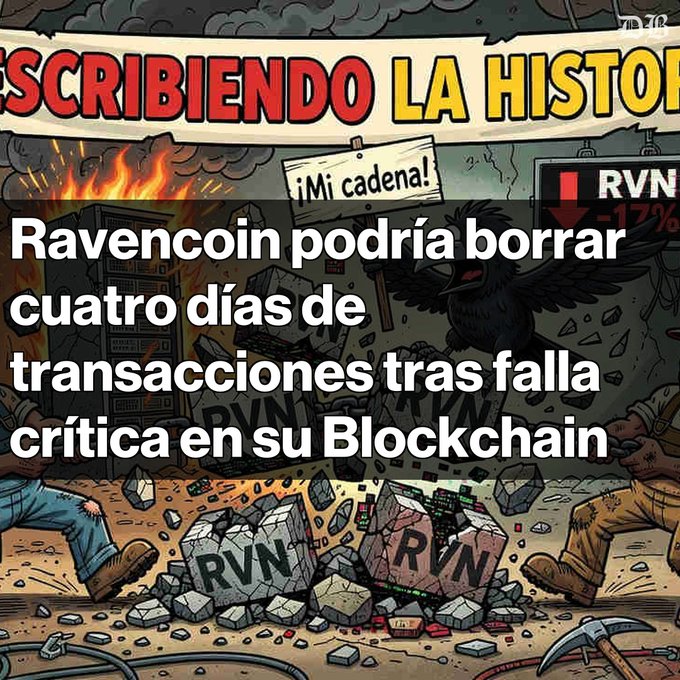 A Spanish-language infographic reading 'Ravencoin podría borrar cuatro días de transacciones tras falla crítica en su Blockchain,' featuring a cartoon raven crowing '¡Mi cadena!' amidst destruction and broken 'RVN' stones.