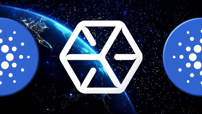 A space-themed image featuring the Cardano ($ADA) logo centered against a backdrop of Earth viewed from orbit, flanked by two blue circular icons resembling the Algorand logo. The cosmic backdrop symbolizes the expansive growth of Cardano's ecosystem, reinforcing the post's message about ADA's rising momentum and its trajectory toward the top 10 cryptocurrencies.