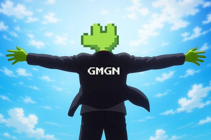 Anime-style illustration of a figure with a green pixelated head and green-gloved hands outstretched, wearing a suit jacket with 'GMGN' written on the back, set against a blue cloudy sky.