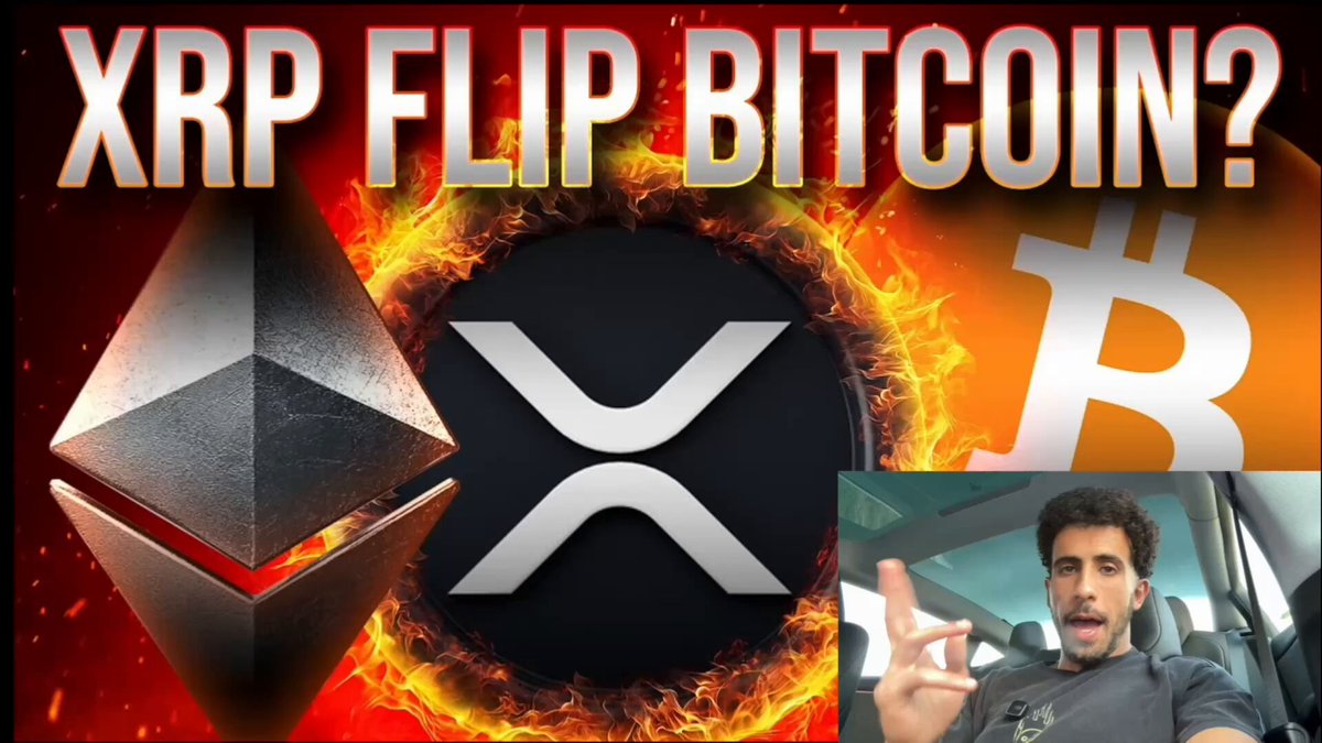 A YouTube thumbnail featuring the bold text "XRP FLIP BITCOIN?" with dramatic imagery of the Ethereum, XRP, and Bitcoin logos surrounded by flames, while a man in the bottom right corner speaks to the camera, promoting the claim that XRP will surpass Bitcoin as the #1 cryptocurrency.