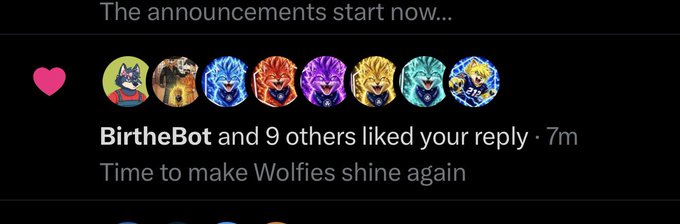 A social media notification showing 'The announcements start now...' with avatars of characters including wolves, a shark, and a tiger. BirtheBot and 9 others liked a reply posted 7 minutes ago that says 'Time to make Wolfies shine again'.