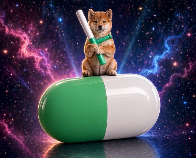 A digital illustration of a Shiba Inu dog holding a green and white capsule-shaped object, sitting on top of a large green and white pill against a colorful cosmic background of pink and blue nebulas.