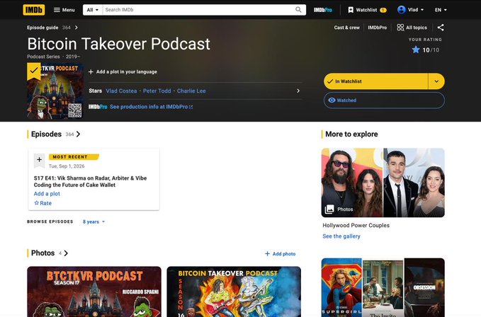 IMDb page for the 'Bitcoin Takeover Podcast,' a 2019 series starring Vlad Costea, Peter Todd, and Charlie Lee, with a 10/10 user rating and 164 episodes listed.