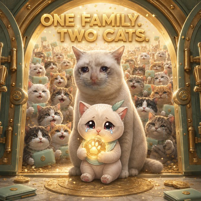 An illustrated poster titled 'ONE FAMILY. TWO CATS.' shows a tearful cat and kitten with a glowing paw medallion surrounded by a crowd of smiling cats.