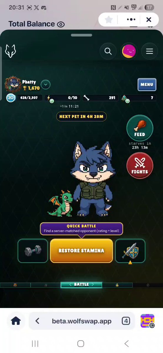 In the image, there's a screenshot of a cell phone showing a mobile game with two characters - one dressed as a blue monster and another as a green dinosaur. The screen also displays some text that reads "Evening Legends Hump day going to plan? Hope you're winning even with the shitty market!! Wifes got #LoveIsland on Any tips on how to say no?! First world problems lol AnyWAYS... Reached level 30 in Wolfage from Wolfswap What an awesome game Have you seen it?". The focus of this image is to show users what they can expect in a mobile game and possibly provide some helpful hints.
