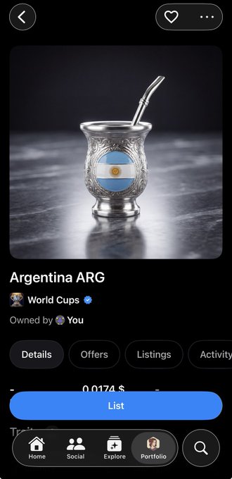 An NFT listing for 'Argentina ARG' in the World Cups collection, showing a silver mate cup with the Argentine flag and a List button priced at 0.0174.