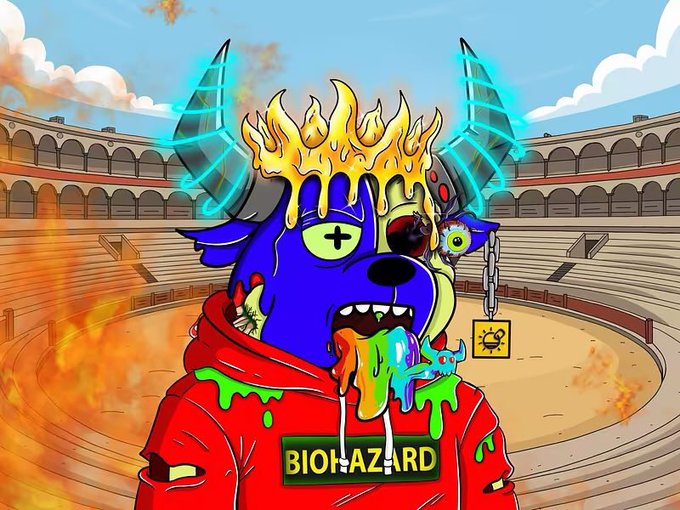 A colorful cartoon illustration of a blue zombie-like dog character with glowing green horns, a flaming crown, and a red hoodie labeled 'BIOHAZARD' standing in a colosseum with fire around it.