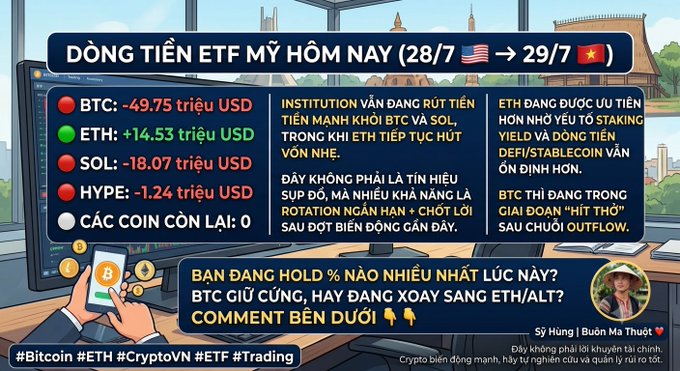 A Vietnamese-language crypto infographic about US ETF money flows displays data including 'BTC: -49.75 triệu USD', 'ETH: +14.53 triệu USD', 'SOL: -18.07 triệu USD', and 'HYPE: -1.24 triệu USD', with hashtags #Bitcoin #ETH #CryptoVN #ETF #Trading.
