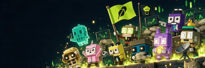 A group of colorful, boxy cartoon characters with pixelated faces gather around a flag bearing a "V" logo, with one character holding a "VIBE" sign, set against a dark, matrix-style digital background. The whimsical, pixel-art aesthetic visually represents the playful, community-driven nature of the Vibe Vibers ecosystem and its quant agent, as mentioned in the post.