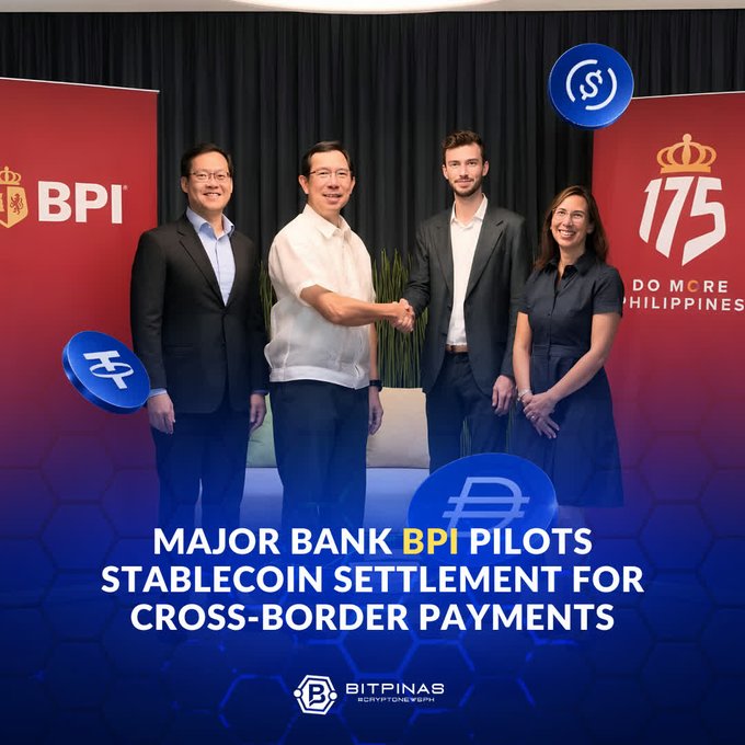 A photo shows four people, including two men shaking hands, at an event for BPI bank, with the caption 'MAJOR BANK BPI PILOTS STABLECOIN SETTLEMENT FOR CROSS-BORDER PAYMENTS' from BitPinas, celebrating BPI's 175th anniversary.