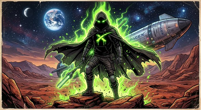 A hooded warrior bathed in glowing green energy stands triumphantly on a rocky alien landscape, wielding a sword while a SpaceX rocket emblazoned with "SPCX" launches behind him, with Earth and the Moon visible in the cosmic backdrop—visually reinforcing the post's boast about becoming the largest on-chain holder of the $SPCX token.