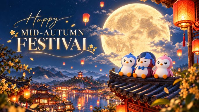 The image features a festive Mid-Autumn Festival scene with a large glowing full moon, traditional lanterns, and a charming village by the water, with three Pudgy Penguins characters sitting on a rooftop. The text "Happy Mid-Autumn Festival" appears prominently, fitting the post's warm wishes alongside the Pudgy Penguins mention for a cozy, celebratory atmosphere.