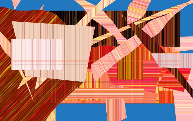 An abstract digital art piece composed of overlapping geometric shapes with striped patterns in red, pink, orange, and brown against a solid blue background.