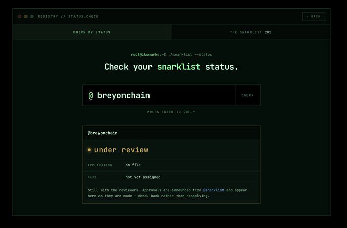 The image shows a terminal-style status check interface for "The Snarklist 201" displaying that user "@brey0nchain" is "under review" with an "on file" application but no pass yet assigned. The post relates to the image by suggesting the user is hoping to get accepted into the Snarklist community while showing patience with the under-review status, with a casual mention of $ZEC.