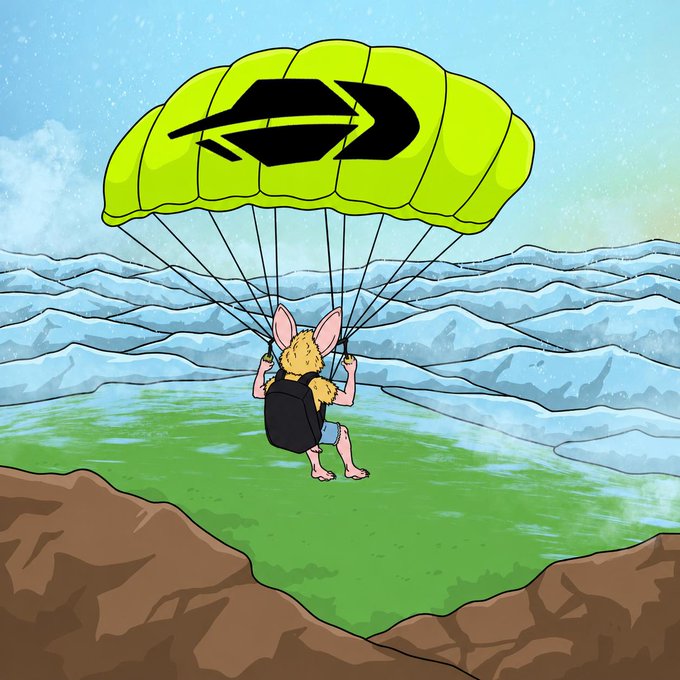 A furry character parachutes over a green valley, with the parachute canopy displaying a bold black arrow alongside what appears to be the Polygon (MATIC) logo, visually echoing the post's "accelerate" theme through the upward-moving arrow symbol suggesting forward momentum and growth.