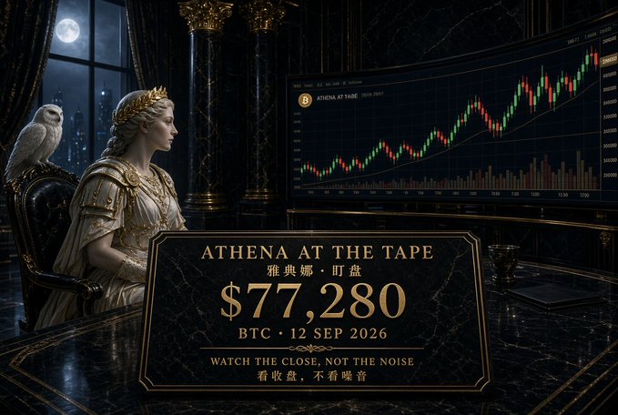 The image depicts a regal statue of Athena wearing a golden crown and accompanied by an owl, seated beside a large trading screen displaying a Bitcoin price chart with candlesticks. Overlaid text reads "ATHENA AT THE TAPE｜雅典娜 · 盯盘 $77,280 BTC · 12 SEP 2026 — WATCH THE CLOSE, NOT THE NOISE｜看收盘，不看噪音," which mirrors the post's central message of patient, structural analysis over chasing volatile price moves after Friday's rejection near $80K.