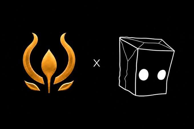 A graphic on a black background showing a gold flame logo next to a hand-drawn paper bag with simple eyes.
