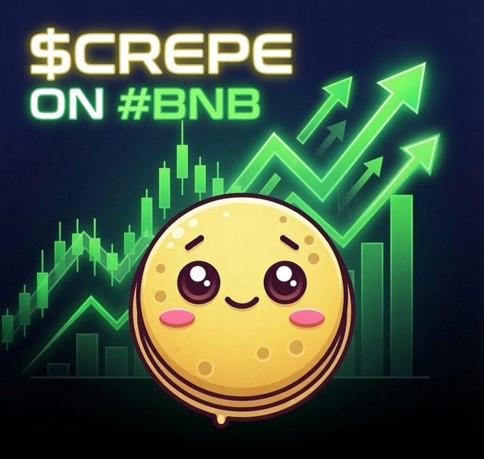 The image features an adorable cartoon pancake/crepe character with big expressive eyes and rosy cheeks, set against a backdrop of green bullish candlestick charts and upward-trending arrows. The text "$CREPE ON #BNB" is displayed in glowing neon green and white, visually reinforcing the post's claim about $CREPE's promising upward momentum and growing ecosystem on the BNB chain.