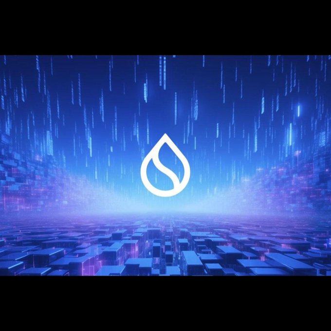 A glowing Sui Network water droplet icon hovers above a digital blue cityscape as streams of code rain down around it, visually evoking the blockchain's expanding ecosystem in onchain finance, DeFi, and AI commerce highlighted in the post.
