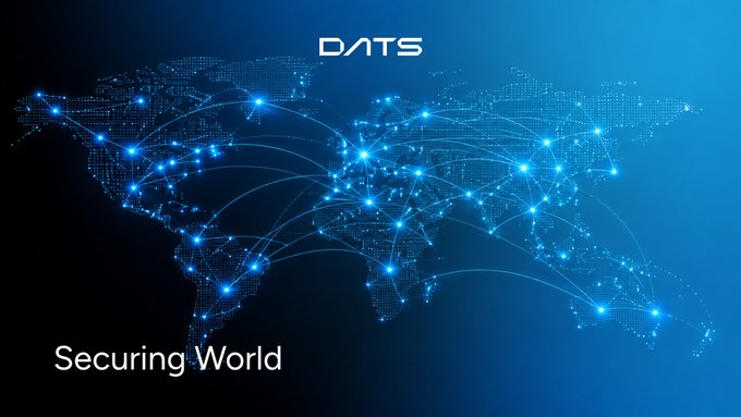 A blue-toned graphic featuring a world map made of connected nodes and lines with the 'DATS' logo at the top and the tagline 'Securing World' at the bottom left.
