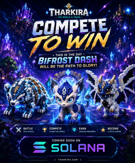 A promotional poster for a game titled 'THARKIRA' with the text 'COMPETE TO WIN' and 'BIFROST DASH WILL BE THE PATH TO GLORY!', announcing it is 'COMING SOON ON SOLANA'.