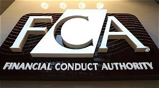 A sign for the 'FCA' (Financial Conduct Authority), featuring large white letters on a dark slatted background with the full name written below.