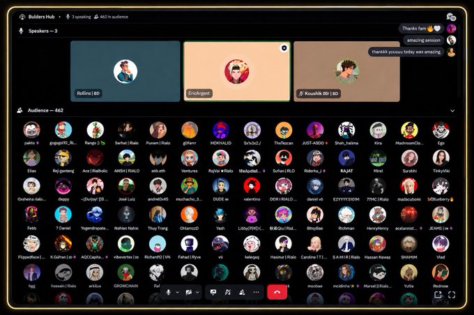 A Builders Hub virtual meeting interface showing 3 speakers (Rollins BD, Drinkyigen, Koushik BD) broadcasting to an audience of 462, with chat messages like 'Thanks fam', 'amazing session', and 'Thanxkk youusu today was amazing' visible.