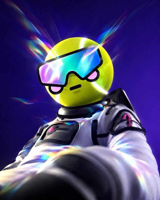 A 3D-rendered character with a yellow emoji-like face, wearing futuristic iridescent sunglasses and a white and black jacket, set against a purple background.