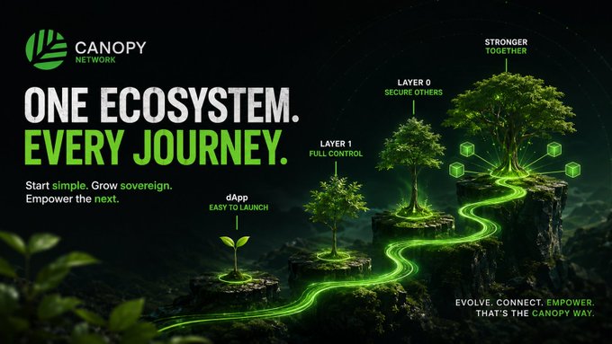 A promotional banner for 'CANOPY NETWORK' with the text 'ONE ECOSYSTEM. EVERY JOURNEY.' showing a visual progression of plant growth from a dApp sprout to a Layer 0 tree, labeled 'STRONGER TOGETHER'.