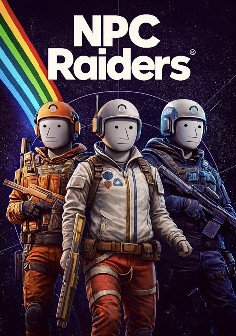 Promotional artwork for 'NPC Raiders' showing three astronaut/space explorer figures with blank white faces wearing helmets and tactical gear, holding weapons against a starry space background with a rainbow stripe.
