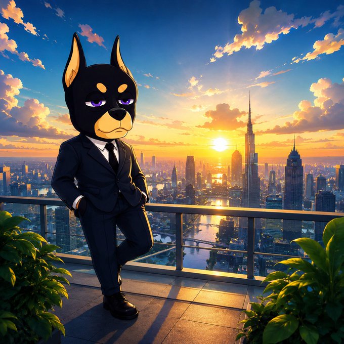 An anime-style character in a black suit with a large dog head stands on a balcony overlooking a city skyline at sunset.