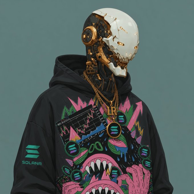 A robotic skull-headed figure wearing a black hoodie branded with "SOLANA" and the "LR" logo via a gold pendant, complementing the post's highlight of $LR's utility as a tradeable token, NFT marketplace asset, and payment method within the Solana ecosystem.