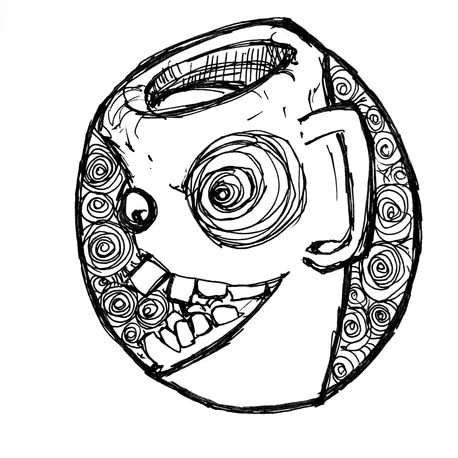 A black and white sketch of a stylized, lumpy character with a large swirling eye, a wide toothy grin, and tentacle-like appendages decorated with spiral patterns.