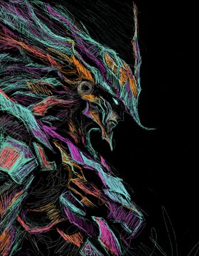 A stylized digital artwork depicting a fierce, armored warrior in profile, rendered in vibrant neon hues of pink, orange, and teal against a black background. The image complements the announcement as a striking visual for the "1 of 1" NFT artwork drop at The Scribble Gallery.