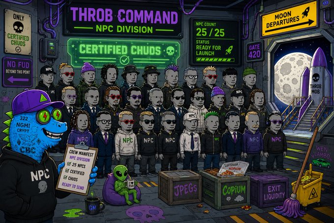 A cartoon illustration titled 'THROB COMMAND NPC DIVISION' depicting a group of identical NPC characters in a sci-fi setting, with signs reading 'CERTIFIED CHUDS' and 'MOON DEPARTURES'.