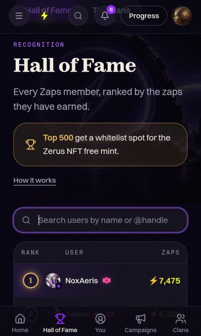 A mobile app screenshot titled 'Hall of Fame' showing a leaderboard where 'NoxAeris' ranks #1 with 7,475 zaps, with text noting 'Top 500 get a whitelist spot for the Zerus NFT free mint.'