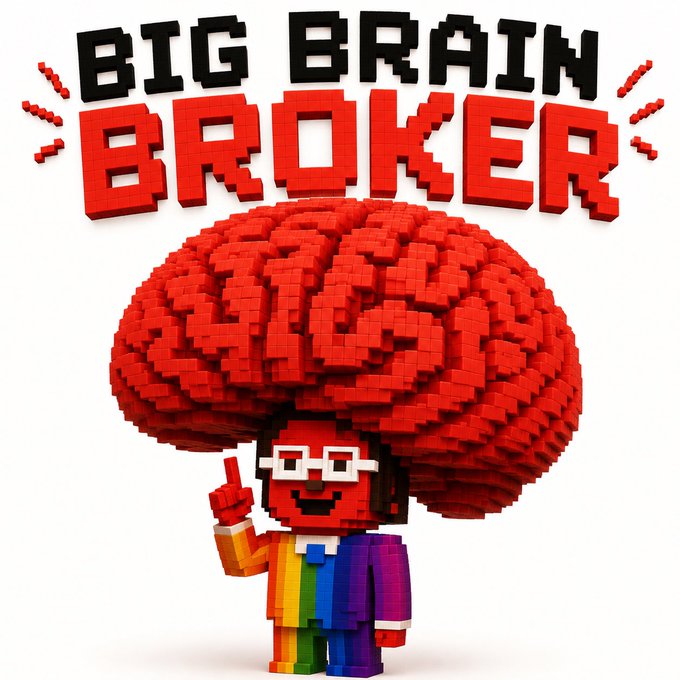 A pixelated character with a large red brain for a head, wearing a rainbow suit and glasses, pointing upward beneath the bold text 'BIG BRAIN BROKER'.