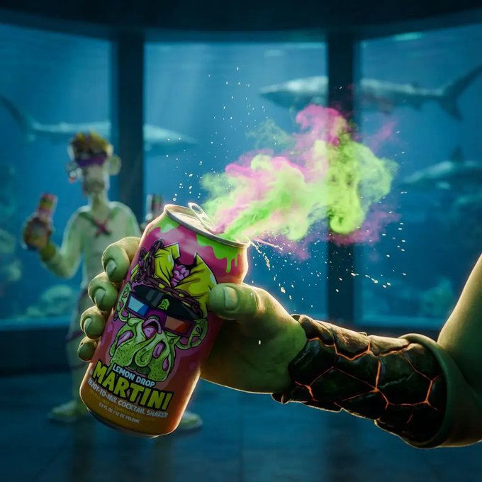 A surreal 3D render of a green-skinned hand holding a pink 'LEMON DROP MARTINI' can with neon green and pink smoke, set in an aquarium with a shark and figure in the background.