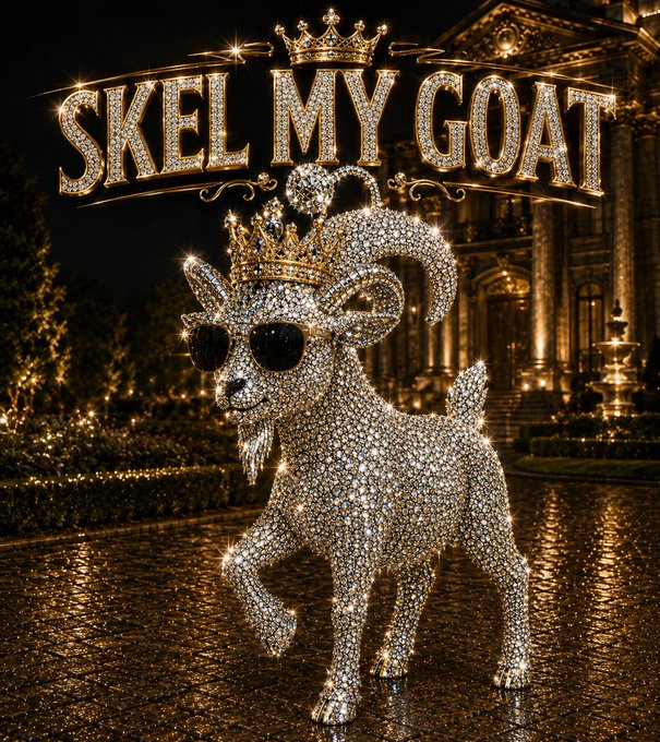 A glittering jewel-encrusted goat wearing sunglasses and a crown stands before a palace with the text 'SKEL MY GOAT' displayed above it in rhinestone lettering.
